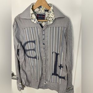 English Laundry Hand Sewn White Blue Striped Knights Shirt M Floral Flip Cuffs
